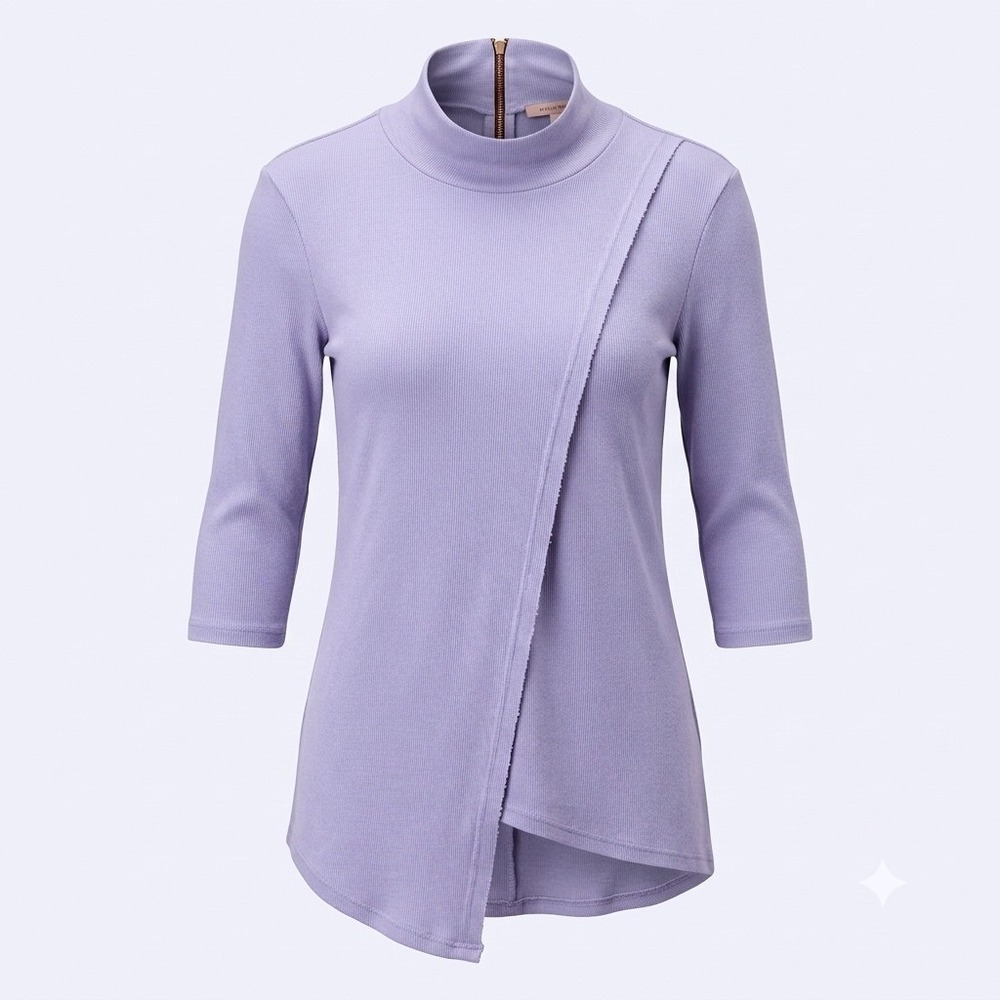 Soft Surroundings Lavender Ribbed Mock Neck Top Asymmetrical Layered Back Zip